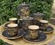 11pce Vintage Japanese Satsuma Coffee Set Matte Black Handpainted Gold Landscape