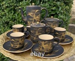 11pce Vintage Japanese Satsuma Coffee Set Matte Black HandPainted Gold Landscape