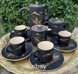 11pce Vintage Japanese Satsuma Coffee Set Matte Black HandPainted Gold Landscape