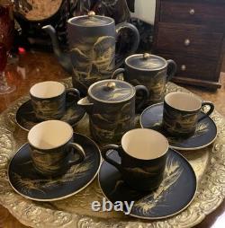 11pce Vintage Japanese Satsuma Coffee Set Matte Black HandPainted Gold Landscape