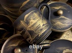 11pce Vintage Japanese Satsuma Coffee Set Matte Black HandPainted Gold Landscape