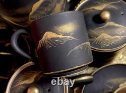 11pce Vintage Japanese Satsuma Coffee Set Matte Black HandPainted Gold Landscape