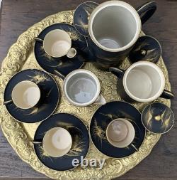 11pce Vintage Japanese Satsuma Coffee Set Matte Black HandPainted Gold Landscape