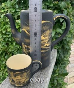 11pce Vintage Japanese Satsuma Coffee Set Matte Black HandPainted Gold Landscape