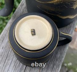 11pce Vintage Japanese Satsuma Coffee Set Matte Black HandPainted Gold Landscape