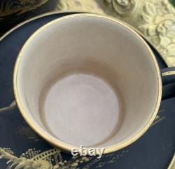11pce Vintage Japanese Satsuma Coffee Set Matte Black HandPainted Gold Landscape