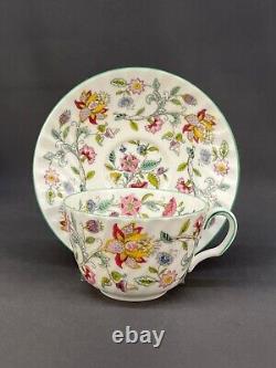 12 Minton HADDON HALL Chintz Bone China Flat Cup and Saucer Sets Green Rim MINT