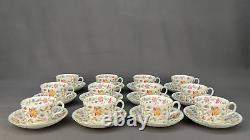 12 Minton HADDON HALL Chintz Bone China Flat Cup and Saucer Sets Green Rim MINT