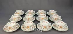 12 Minton HADDON HALL Chintz Bone China Flat Cup and Saucer Sets Green Rim MINT