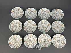 12 Minton HADDON HALL Chintz Bone China Flat Cup and Saucer Sets Green Rim MINT