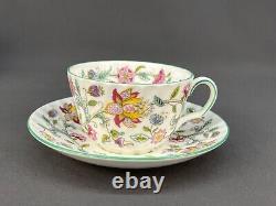 12 Minton HADDON HALL Chintz Bone China Flat Cup and Saucer Sets Green Rim MINT