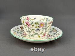 12 Minton HADDON HALL Chintz Bone China Flat Cup and Saucer Sets Green Rim MINT