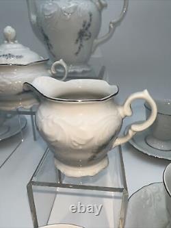 15 pc Vtg Wawel China Set made in Poland Purple Floral Cup Saucers Cream Sugar