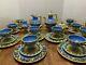 38pc Vtg Della Robbia Blue Majolica Coffee Set 12 Italy Handmade Rustic Pottery