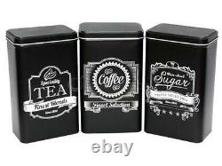 3pc Black Vintage Tea Coffee Sugar Set Metal Pull Off Lids Kitchen Storage Retro