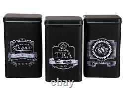 3pc Black Vintage Tea Coffee Sugar Set Metal Pull Off Lids Kitchen Storage Retro