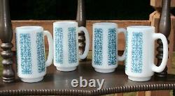 4 MCM Rare Vintage Fire King Blue Floral Lace Raised Pattern Milk Glass Mugs