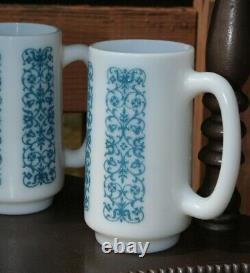 4 MCM Rare Vintage Fire King Blue Floral Lace Raised Pattern Milk Glass Mugs