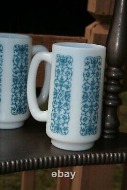 4 MCM Rare Vintage Fire King Blue Floral Lace Raised Pattern Milk Glass Mugs