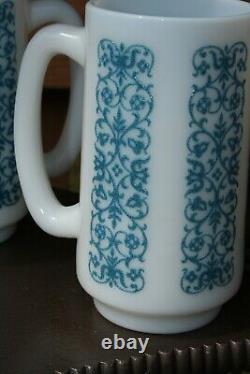 4 MCM Rare Vintage Fire King Blue Floral Lace Raised Pattern Milk Glass Mugs