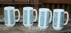 4 MCM Rare Vintage Fire King Blue Floral Lace Raised Pattern Milk Glass Mugs