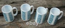 4 MCM Rare Vintage Fire King Blue Floral Lace Raised Pattern Milk Glass Mugs