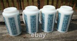 4 MCM Rare Vintage Fire King Blue Floral Lace Raised Pattern Milk Glass Mugs