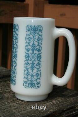 4 MCM Rare Vintage Fire King Blue Floral Lace Raised Pattern Milk Glass Mugs