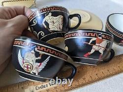 4 Vintage Hand Made Greek Demitasse Tea Coffee Cup & Saucer Set Warriors