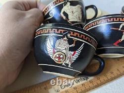 4 Vintage Hand Made Greek Demitasse Tea Coffee Cup & Saucer Set Warriors