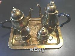 5 Piece Vintage Antique Brass Tea Coffee Set Two Tea Pots Cream Sugar Tray Made