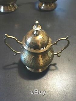 5 Piece Vintage Antique Brass Tea Coffee Set Two Tea Pots Cream Sugar Tray Made