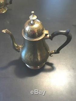 5 Piece Vintage Antique Brass Tea Coffee Set Two Tea Pots Cream Sugar Tray Made