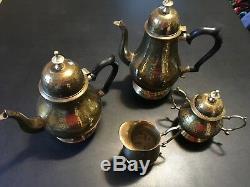 5 Piece Vintage Antique Brass Tea Coffee Set Two Tea Pots Cream Sugar Tray Made