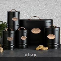 5pc Kitchen Bread Bin Set Tea Coffee Sugar Biscuit Tins, Barrel Sealed Containers