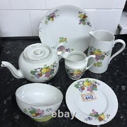 6pc Vintage Czech Deco Fruits China Teapot Milk Jugs Bowl Side & Cake Plate