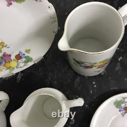 6pc Vintage Czech Deco Fruits China Teapot Milk Jugs Bowl Side & Cake Plate