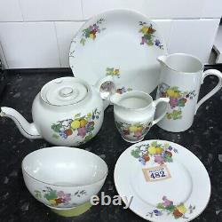 6pc Vintage Czech Deco Fruits China Teapot Milk Jugs Bowl Side & Cake Plate