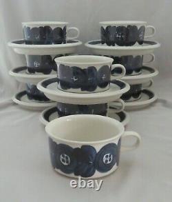 (8) ARABIA Finland Blue ANEMONE Flat Coffee Tea Mug Cup & Saucer Sets + BONUS NR