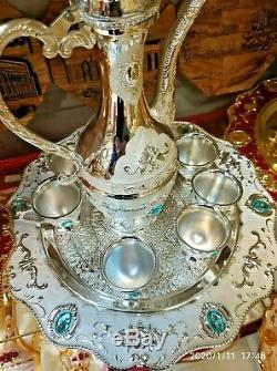 8 Pcs Vintage Brass Copper huge Pot Dallah Tray Big Coffee set Arabic islamic