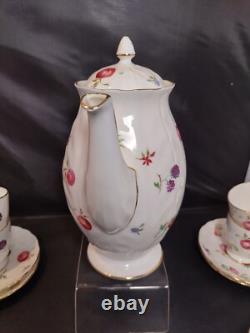 AYNSLEY FLORIDA Coffee Pot Demitasse Cup & Saucer Set with Sugar Bowl Bone China