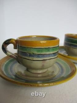 Antique Montiel Pottery Sm Coffee Espresso Cups and Saucers Set Vintage Majolica