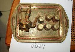 Antique Vintage India Brass Coffee Set Tray Tea Pot & 6 cups Painted Decorative