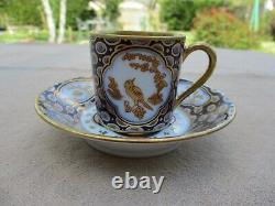 BERNARDAUD & Co LIMOGES BLUE AND GOLD ENCRUSTED DEMITASSE COFFEE CUP AND SAUCER