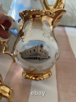 Bareyther Vintage gold porcelain coffee/Tea Set Venetian Transfer Scenes 9 parts