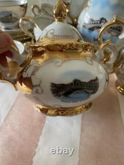 Bareyther Vintage gold porcelain coffee/Tea Set Venetian Transfer Scenes 9 parts