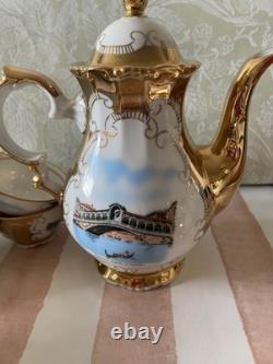 Bareyther Vintage gold porcelain coffee/Tea Set Venetian Transfer Scenes 9 parts
