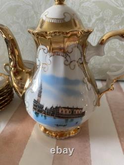 Bareyther Vintage gold porcelain coffee/Tea Set Venetian Transfer Scenes 9 parts