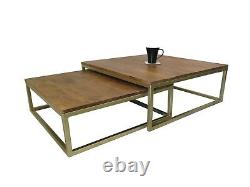 Coffee Table Alana Set of 2 Nesting Solid Acacia Wood Brass Iron Legs-WNT05BS