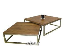 Coffee Table Alana Set of 2 Nesting Solid Acacia Wood Brass Iron Legs-WNT05BS